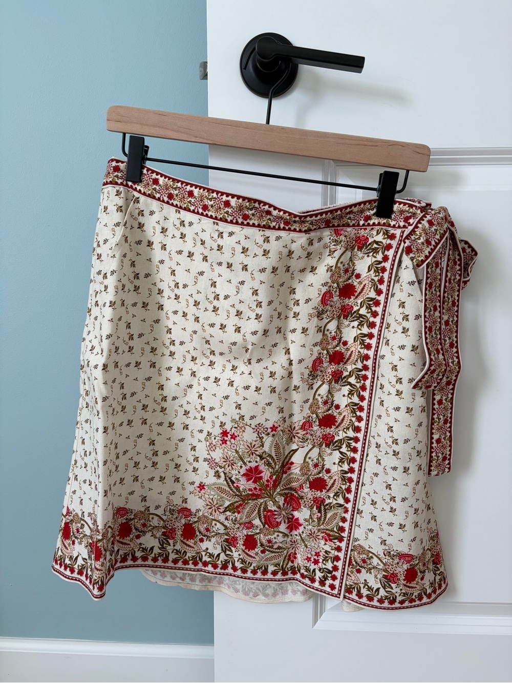 Max Studio Floral Border Wrap Skirt - Cream with Red Accents